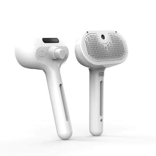 Sleekpaw self-cleaning mist pet comb — white, front and back view on white background