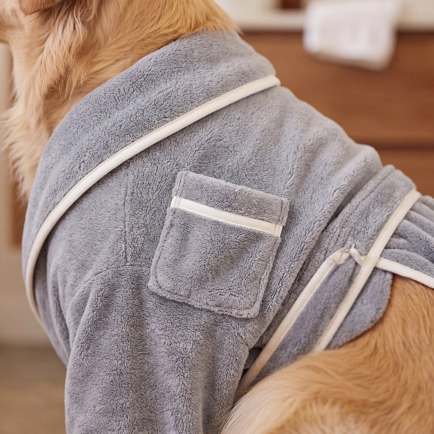 Close-up of the Sleekpaw bathrobe soft microfiber, cream trim, collar and pocket on a dog