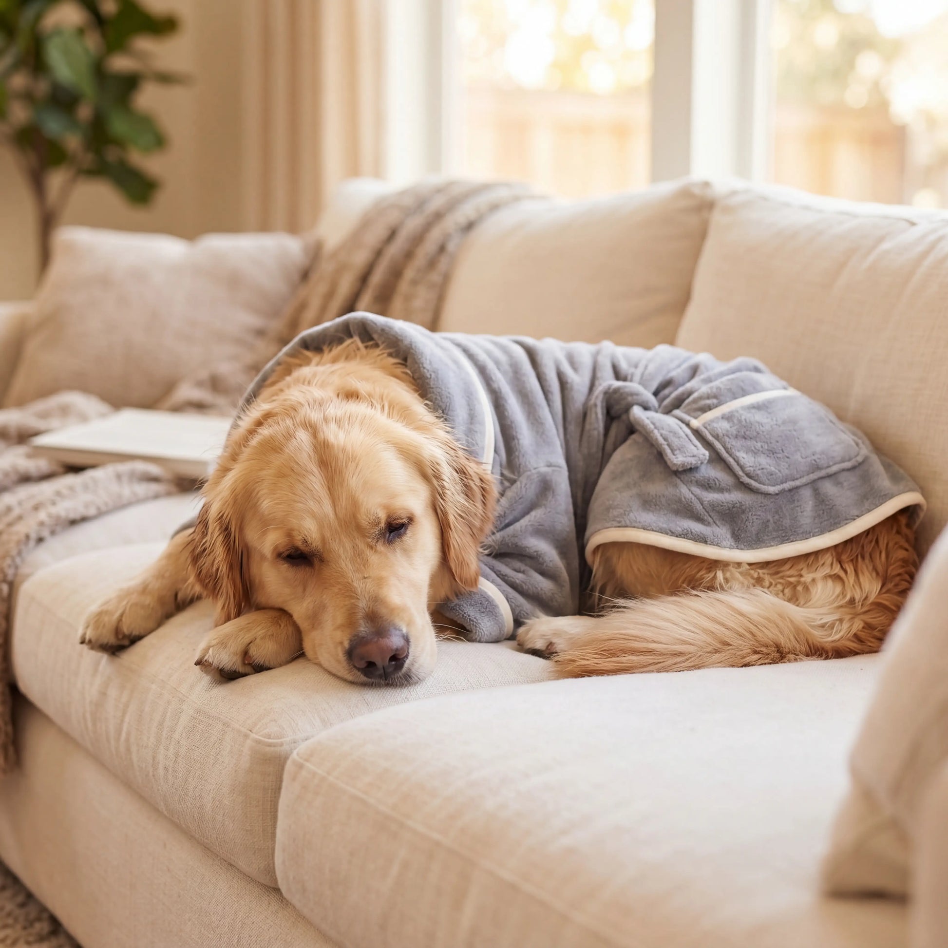 Dog relaxing cozily in the Sleekpaw bathrobe on a cream sofa