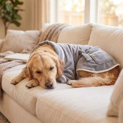 Dog relaxing cozily in the Sleekpaw bathrobe on a cream sofa