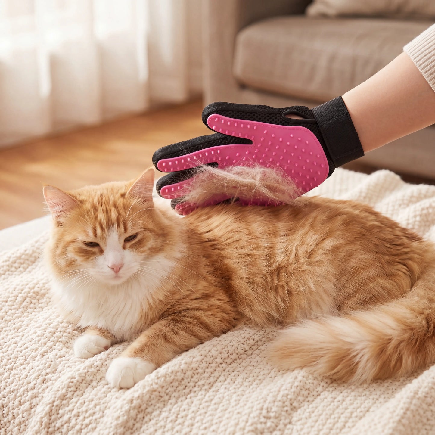 Hand wearing the Sleekpaw deshedding glove gently grooming a content fluffy cat