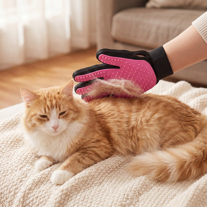 Hand wearing the Sleekpaw deshedding glove gently grooming a content fluffy cat