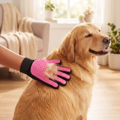 Pink Sleekpaw deshedding glove gathering loose fur as a hand strokes a golden retriever