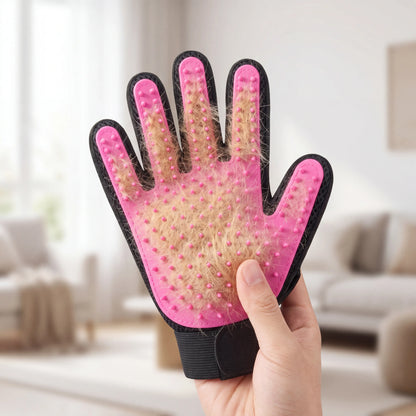 Sleekpaw deshedding glove palm covered in collected loose pet fur after grooming