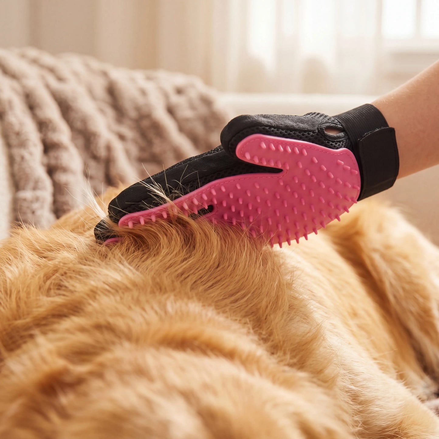 Close-up of the Sleekpaw deshedding glove gliding through a golden retriever's coat