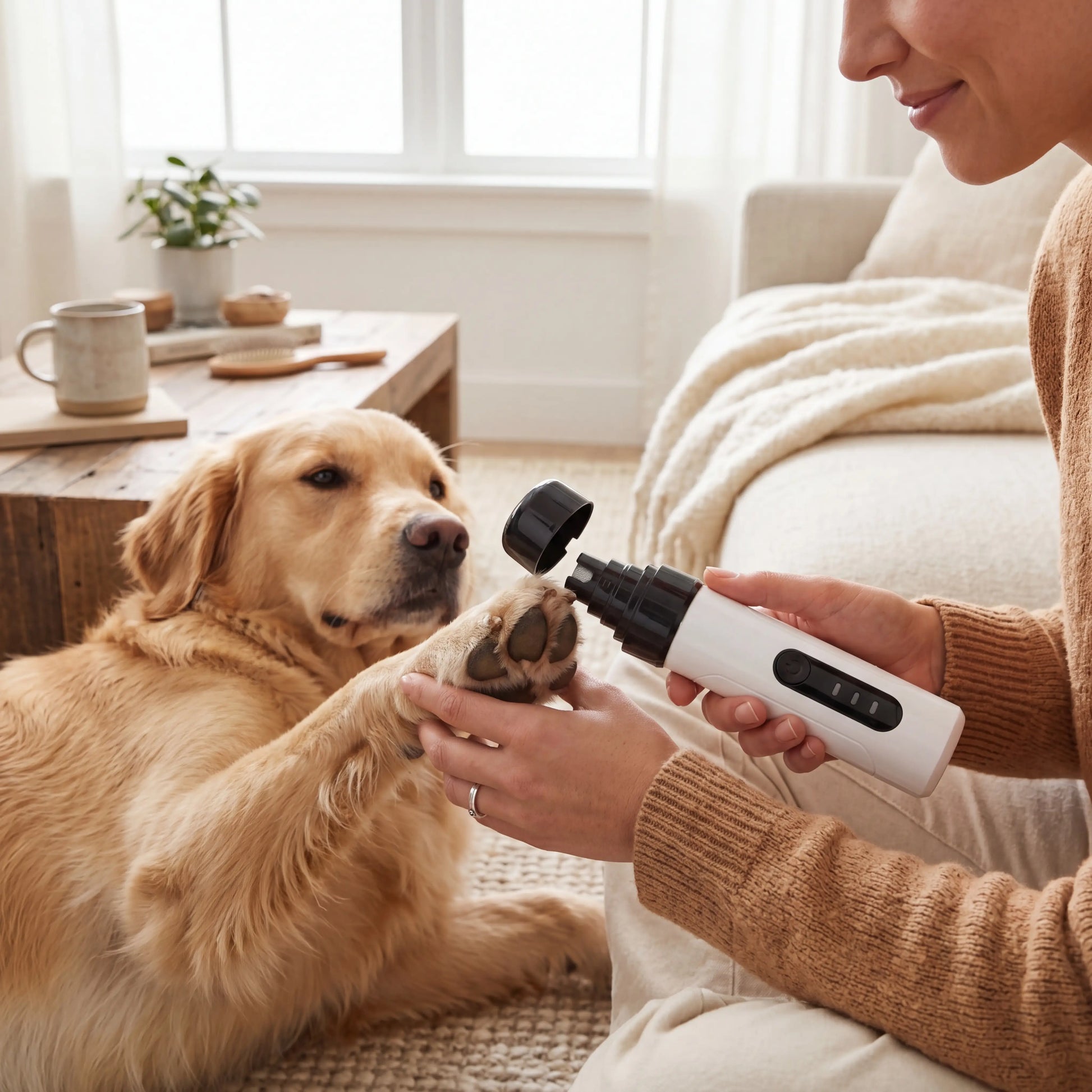 Gently trimming a calm dog's nail with the Sleekpaw electric nail grinder at home