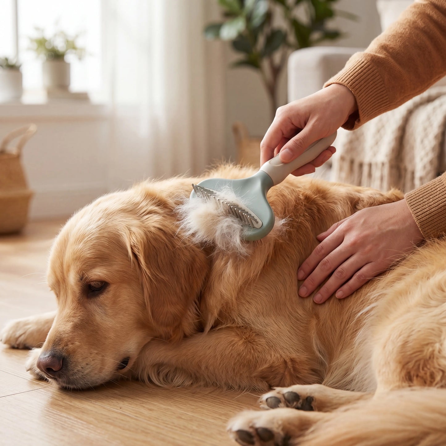 Working the Sleekpaw dematting rake through a long-haired dog's coat to remove loose undercoat