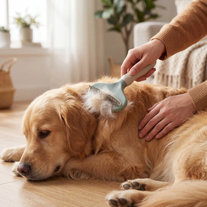 Working the Sleekpaw dematting rake through a long-haired dog's coat to remove loose undercoat