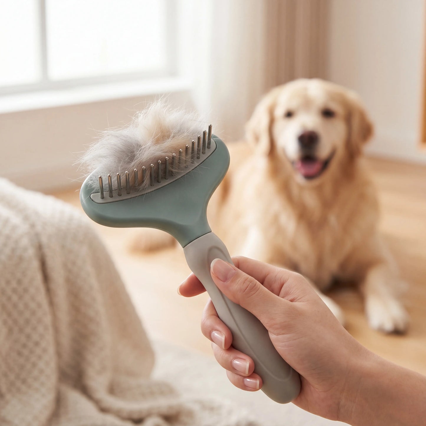 Sleekpaw dematting rake with a tuft of removed loose fur after grooming