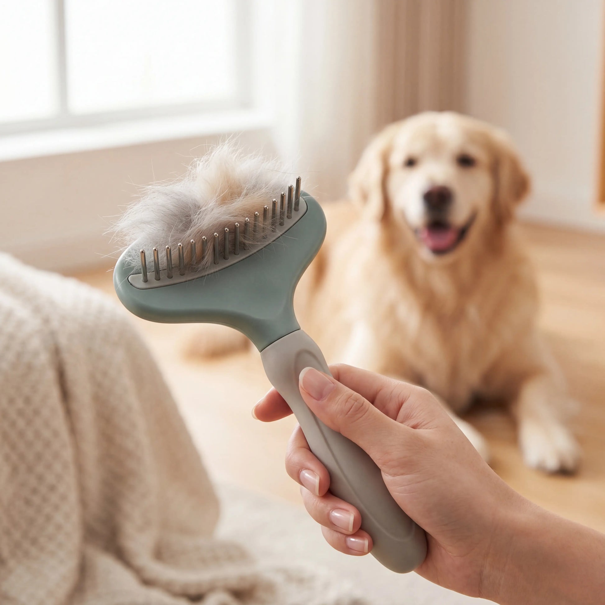 Sleekpaw dematting rake with a tuft of removed loose fur after grooming