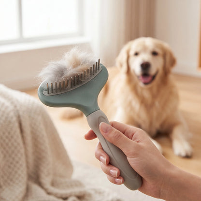 Sleekpaw dematting rake with a tuft of removed loose fur after grooming