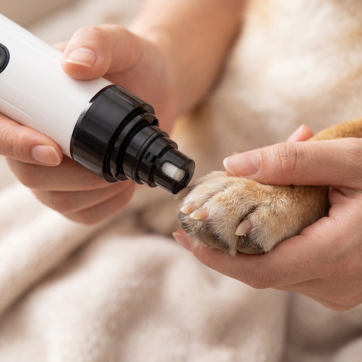 Close-up of the Sleekpaw nail grinder smoothing a calm dog's nail
