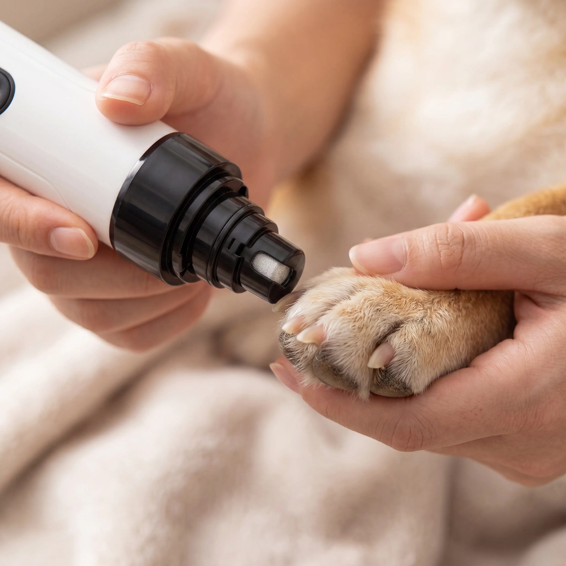 Close-up of the Sleekpaw nail grinder smoothing a calm dog's nail