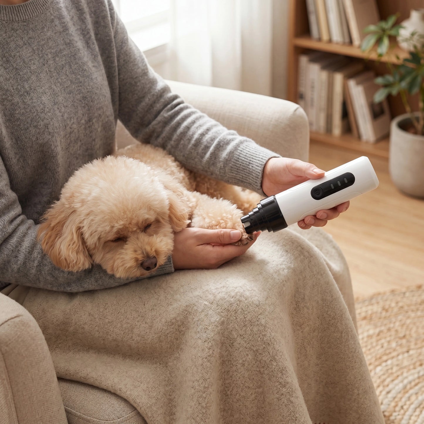 Calmly grinding a small dog's nails with the Sleekpaw grinder while it rests on a lap