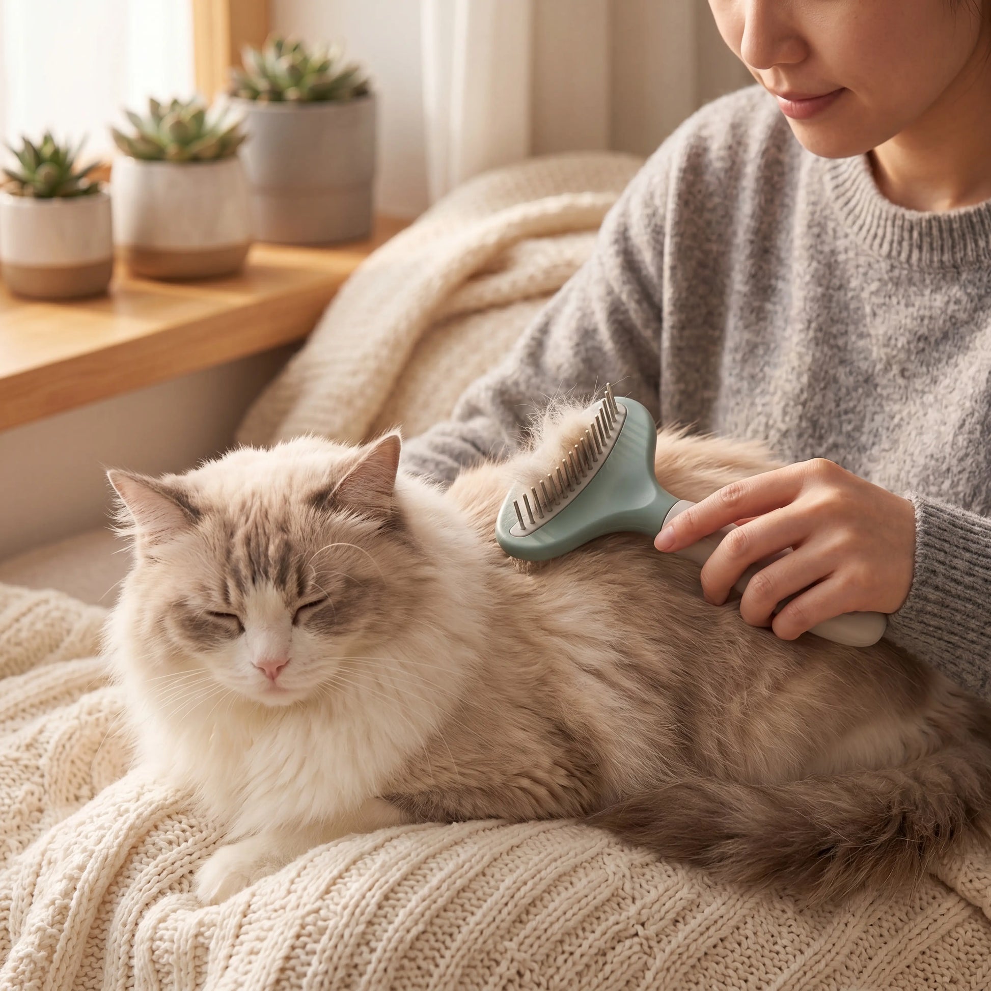 Gently grooming a fluffy long-haired cat with the Sleekpaw dematting rake