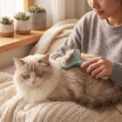 Gently grooming a fluffy long-haired cat with the Sleekpaw dematting rake