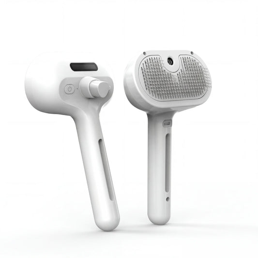Sleekpaw self-cleaning mist pet comb in white, front bristle head and back control side
