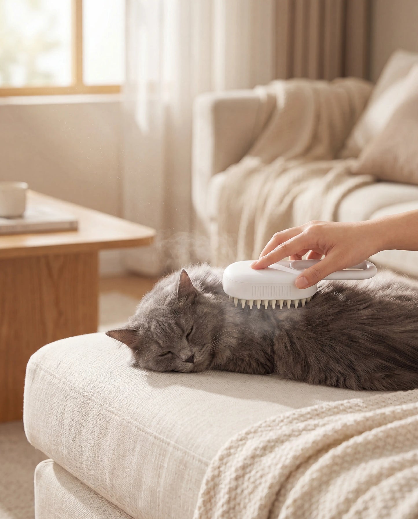 Brushing a relaxed long-haired cat on the couch with the white Sleekpaw Mist & Massage Brush