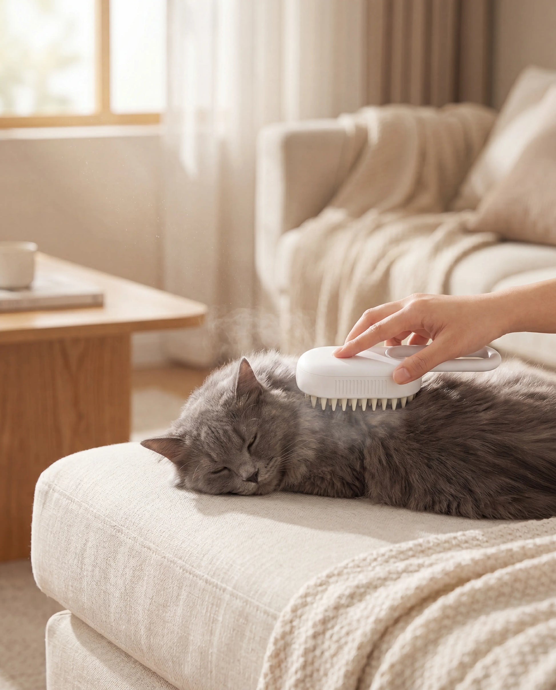 Brushing a relaxed long-haired cat on the couch with the white Sleekpaw Mist & Massage Brush