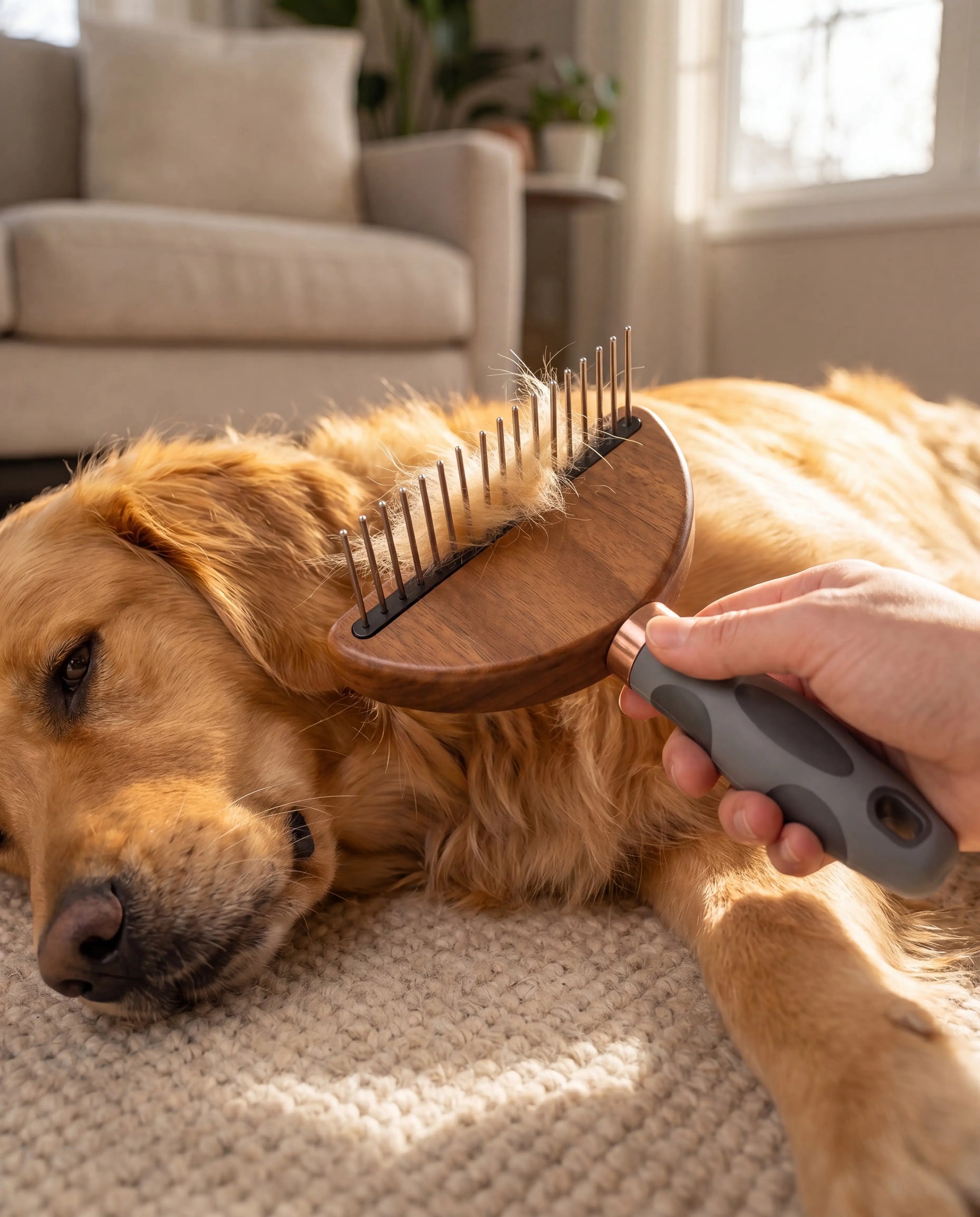 Working the Sleekpaw Undercoat Rake's single row of steel pins through a golden retriever's thick coat