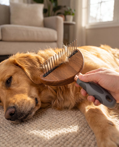 Working the Sleekpaw Undercoat Rake's single row of steel pins through a golden retriever's thick coat