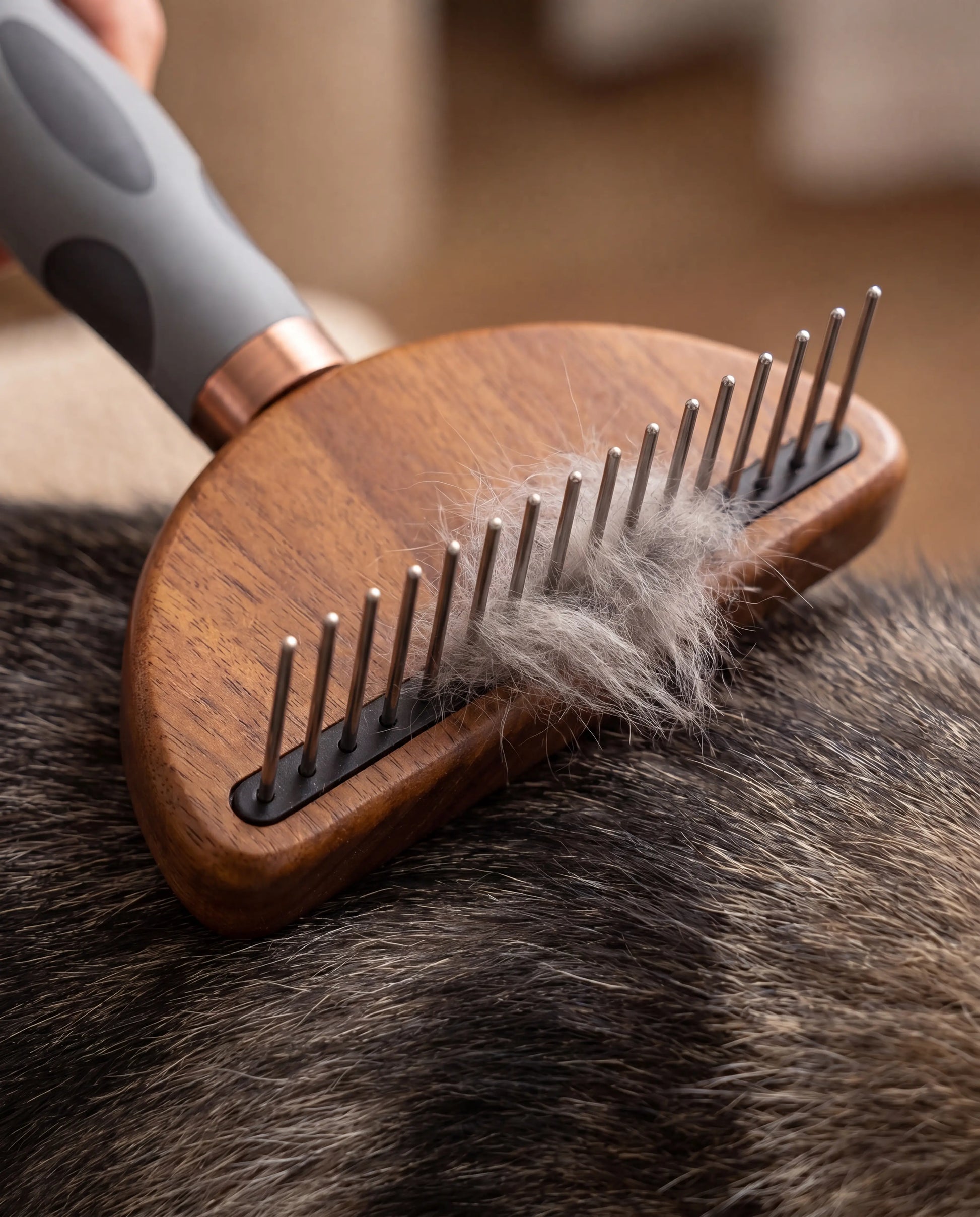 Close-up of the Sleekpaw Undercoat Rake's single row of rounded steel pins lifting loose undercoat