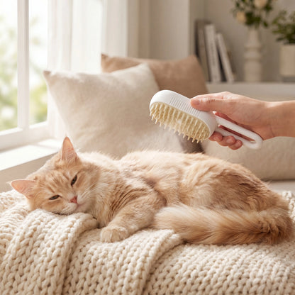 A relaxed long-haired cat enjoying a calm misting session with the Sleekpaw Mist & Massage Brush