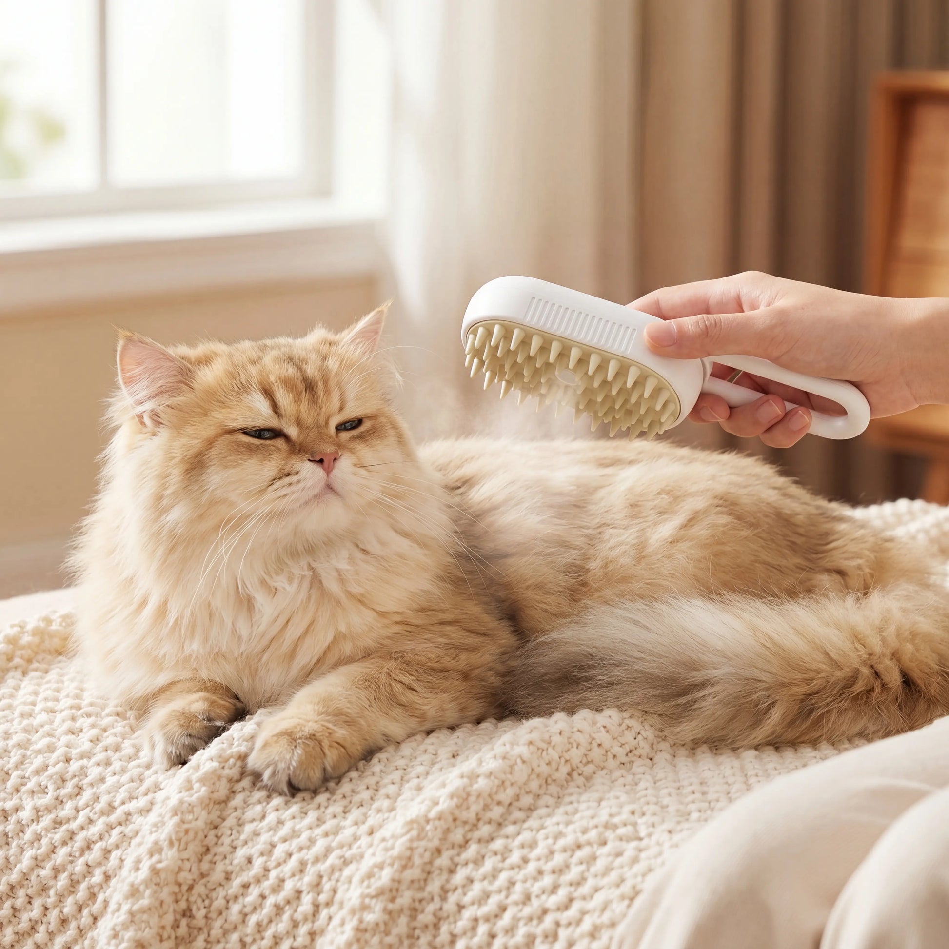 Grooming a long-haired cat with the Sleekpaw Mist & Massage Brush — fine mist softening the coat