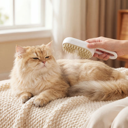 Grooming a long-haired cat with the Sleekpaw Mist & Massage Brush — fine mist softening the coat