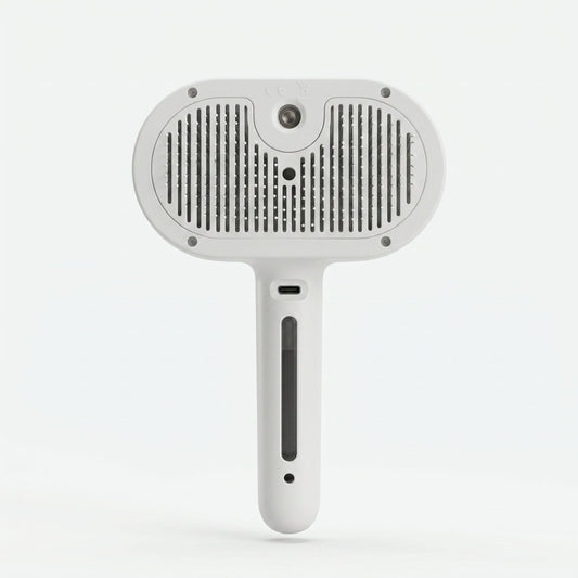 Sleekpaw comb bristle face: ball-tip pins through the slotted self-clean plate, built-in mist nozzle at top