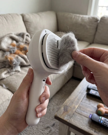 One press ejects the collected fur from the Sleekpaw comb in a single piece, ready to drop in the trash